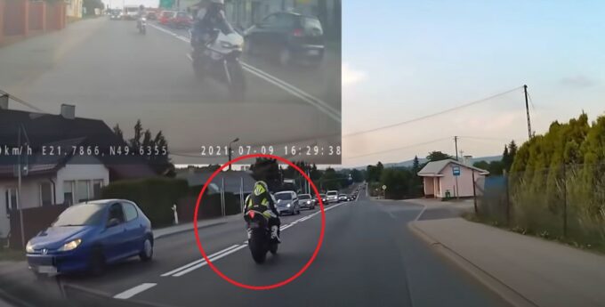 Nie zauważył motocyklisty, który jechał na jednym kole. To zdarzenie będzie przestrogą dla innych [WIDEO]